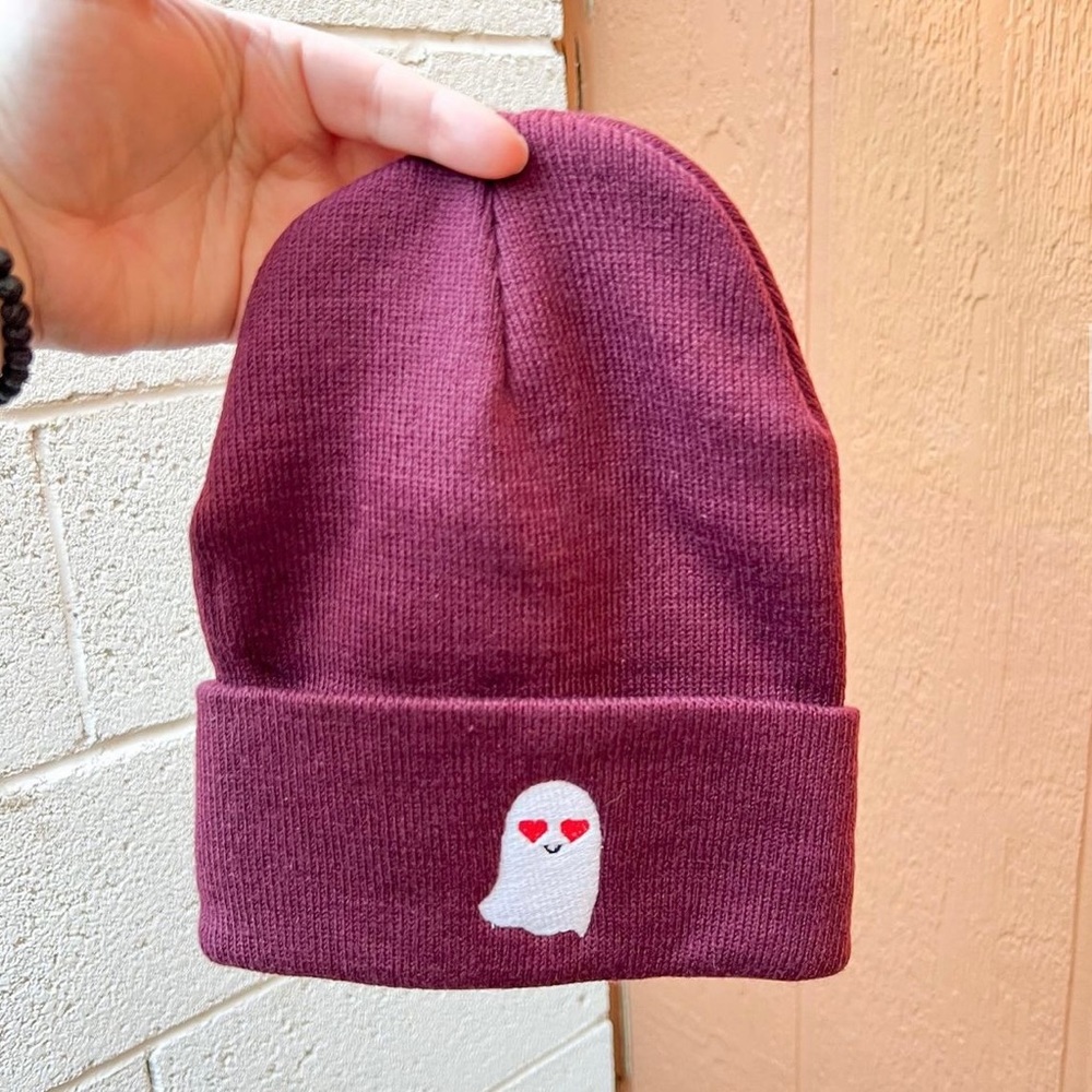 Ghost with Hearts Spooky Embroidered Beanie (Handmade)